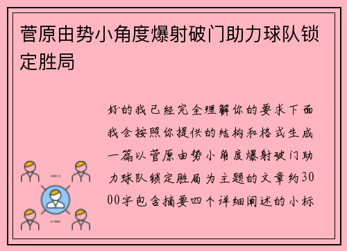 菅原由势小角度爆射破门助力球队锁定胜局